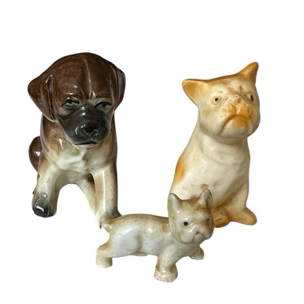 3 VINTAGE PORCELAIN DOG FIGURINES BOXER AND Puppy NORCREST JAPAN